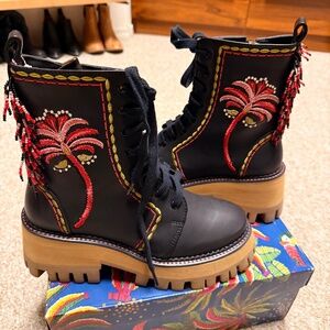 Farm Rio Black Embroidered Mid Boot (Size 7)